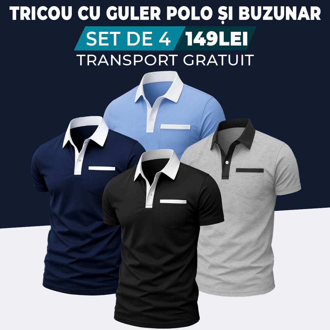 BLEUMARIN - BLEU DESCHIS - GRI - NEGRU - TRICOU CU GULER POLO ȘI BUZUNAR