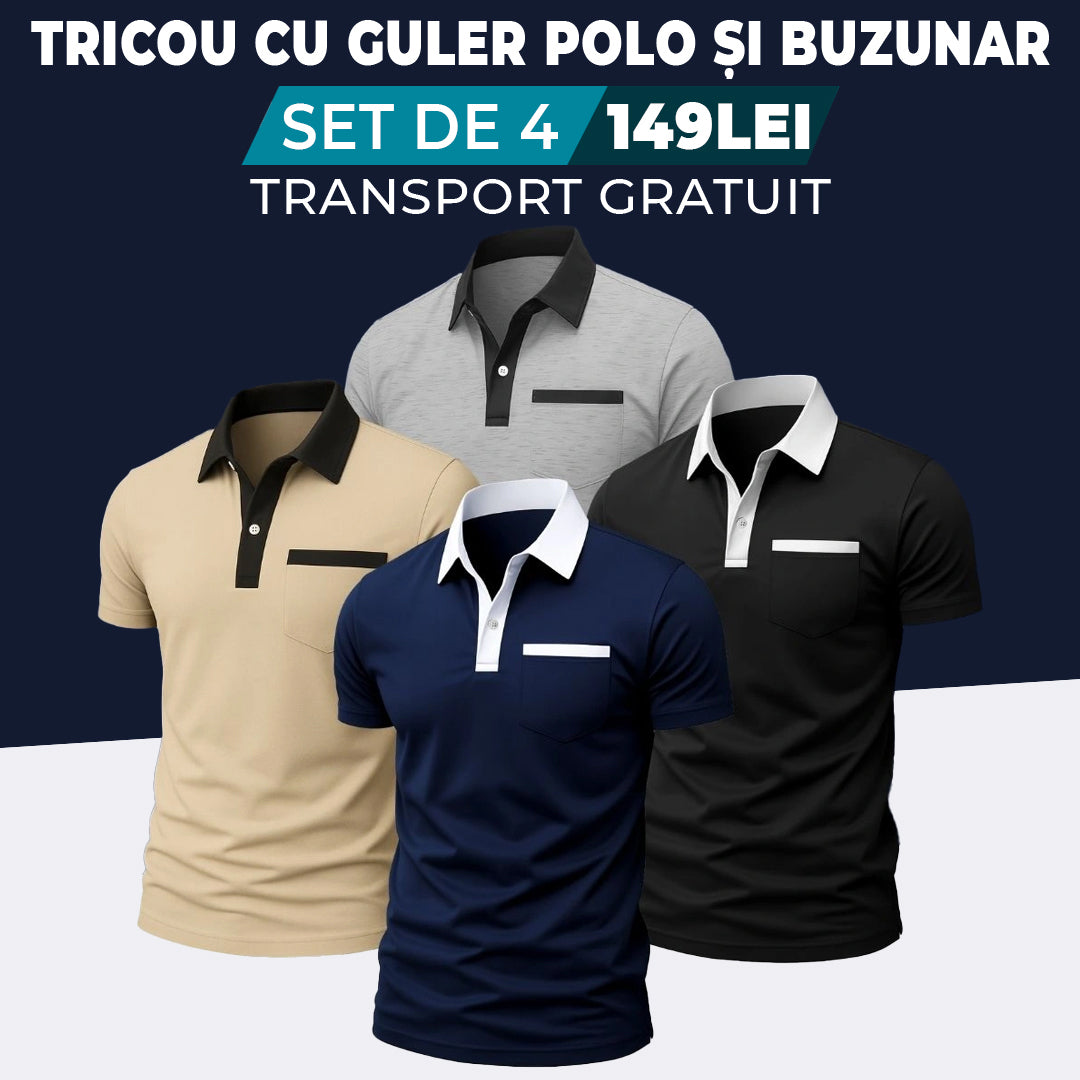 BEJ - BLEUMARIN - GRI - NEGRU - TRICOU CU GULER POLO ȘI BUZUNAR